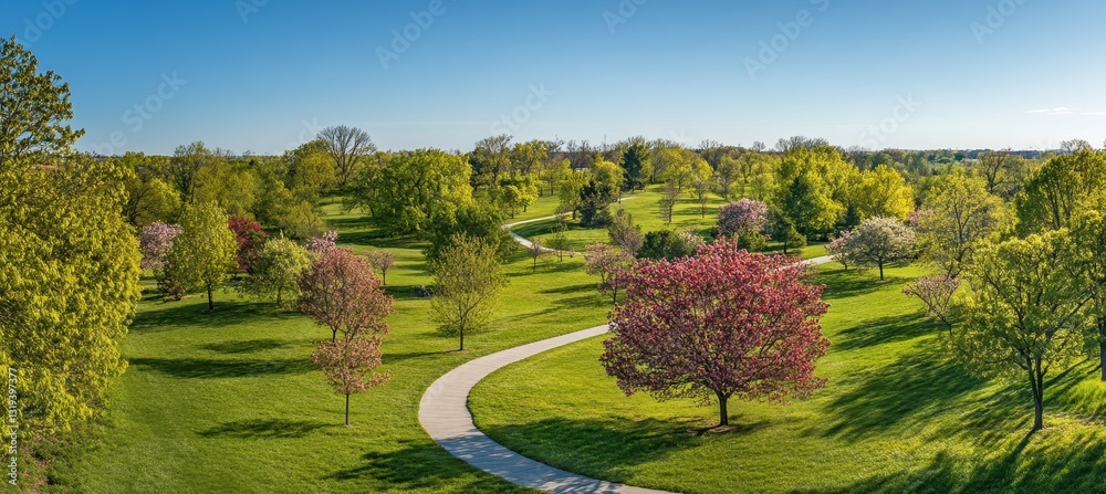 Fototapeta premium Serene Spring Landscape with Blossoming Trees and Curved Pathway in Bright Sunshine, Lush Green Grass, and Tranquil Nature Scene