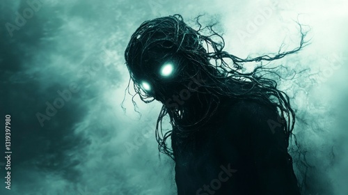 Dark fantasy encounter with faceless humanoid in eerie environment gigapixel hq scale artwork