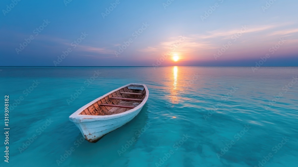 Naklejka premium A peaceful scene featuring a solitary wooden boat floating on calm waters, illuminated by a beautiful sunset that casts a warm glow across the horizon, evoking tranquility.