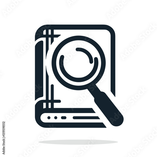 Magnifying glass over a book illustration symbolizing research and discovery with copy space