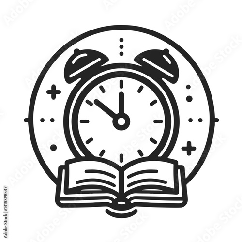 Reading time concept illustration featuring alarm clock and open book with decorative elements and copy space