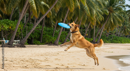 Joyful Dog Playing Frisbee at the Beach - Fun and Playful Canine Action Scene