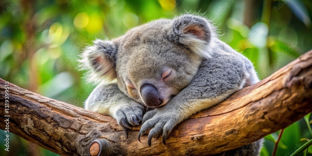 Fototapeta premium Peaceful Koala Napping on a Tree Branch in Lush Foliage