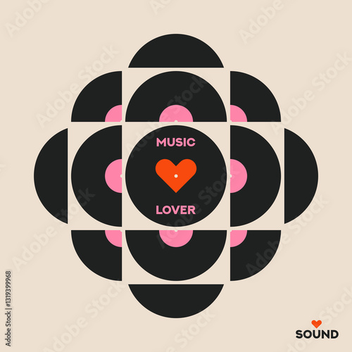 Musical poster for your design. Music design elements for card, invitation, flyer. Music cover. Music background vector illustration. Vinyl record. Sound. Heart symbol. Love poster.