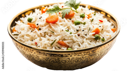 Delicious carrot and quinoa rice in a copper bowl, Vegetables biryani or Vegetables pulao Fried rice food, A delicious bowl of vegetable rice with colorful veggies
