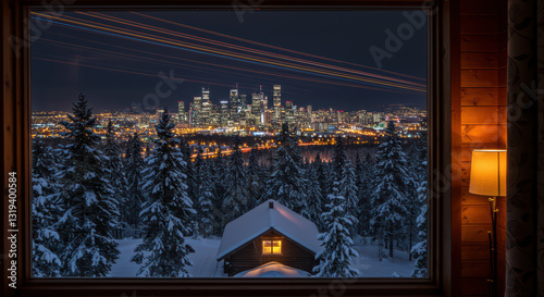 Snowy Landscape with City Skyline: Cozy Night View and Winter Wonderland Backdrop
