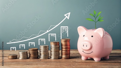 A pink piggy bank with a plant growing from it, alongside stacked coins and an upward graph, symbolizing financial growth, investment, and savings.