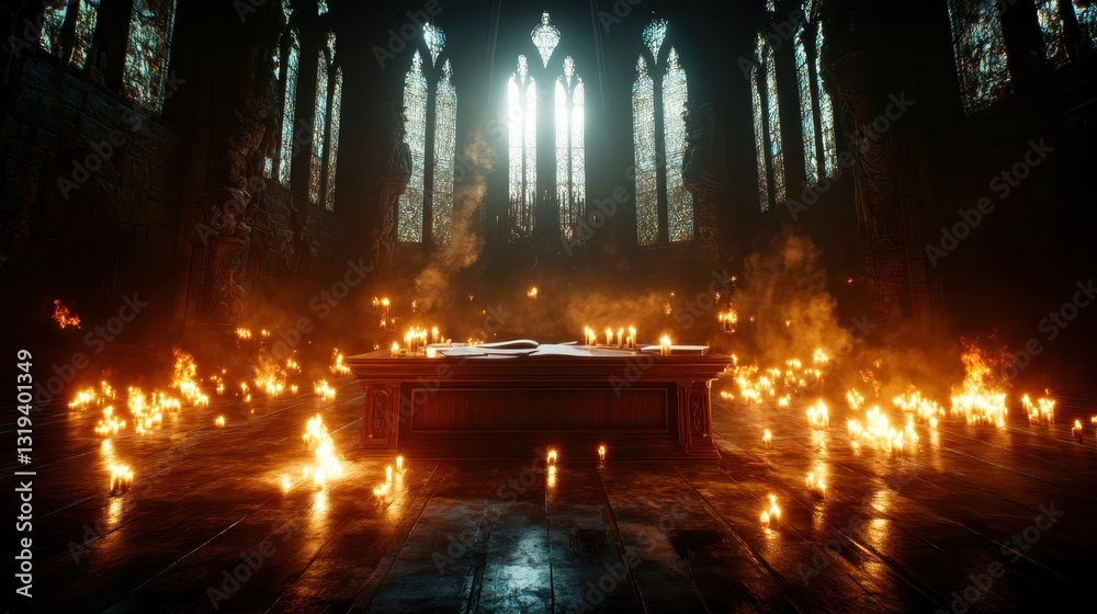 Naklejka premium A dramatic gothic hall is alive with flickering flames surrounding an open book, casting an extraordinary ambiance that evokes emotions related to storytelling and ancient wisdom.