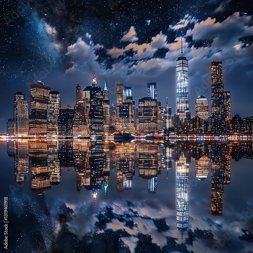 City skyline reflected in calm water at night. photo