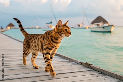 Bengal cat exploring dockside adventure tropical island animal photography serene waterfront close-up view nature exploration