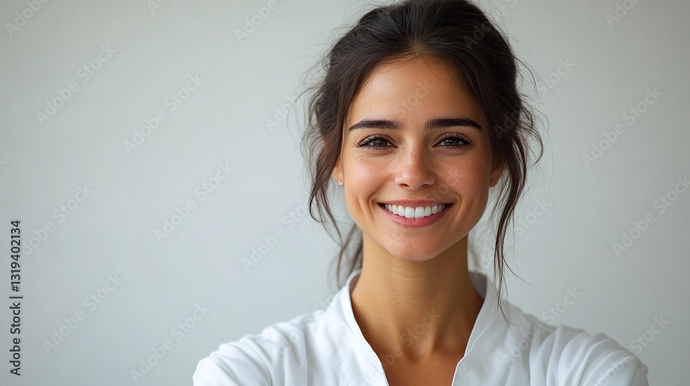 A woman with a smile on her face is wearing a white shirt A woman with a smile on her face is wearing a white shirt