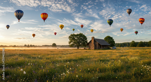 Scenic Sunrise Hot Air Balloons Over Rustic Countryside Meadow: Vibrant Colors in Peaceful Holiday Destination