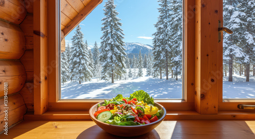 Gourmet Vegetable Salad in Rustic Cabin: Freshness and Wellness with a Snowy Winter View