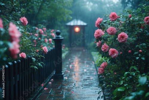 Fototapeta Naklejka Na Ścianę i Meble -  Rainy Day Roses: A serene garden path lined with blooming roses under a gentle shower Peaceful and idyllic scenery