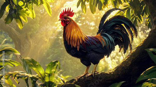 Wallpaper Mural A colorful rooster, a domestic fowl with red comb and vibrant feathers, stands in the rural farm Torontodigital.ca