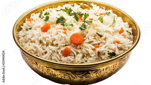 Delicious carrot and quinoa rice in a copper bowl, Vegetables biryani or Vegetables pulao Fried rice food, A delicious bowl of vegetable rice with colorful veggies
