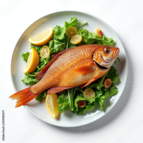 Pescado frito acompañado de ensalada, sobre fondo blanco.