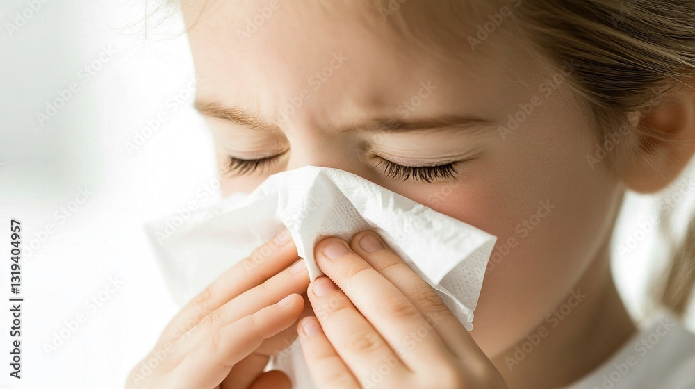 A young girl is blowing her nose with a tissue A young girl is blowing her nose with a tissue