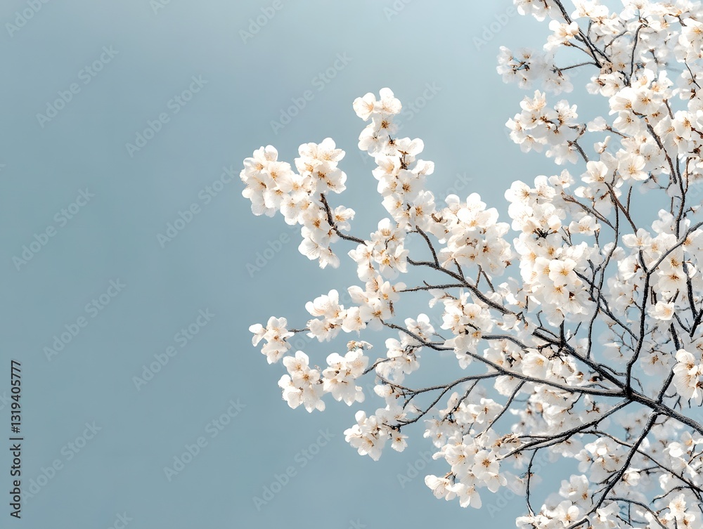 Fototapeta premium Blossom Branch Against Blue Sky: Delicate white blossoms bloom profusely on a branch against a serene pale blue sky, conveying a sense of renewal and gentle beauty.