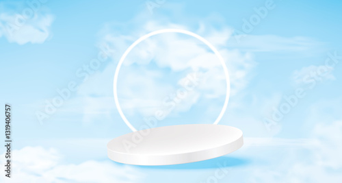 White podium with Blue sky Cloud. Empty podium for product display on Sky Background.