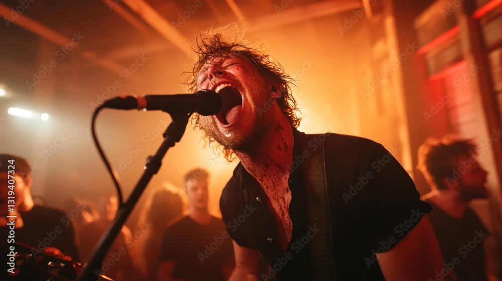 An expressive vocalist delivers an intense performance on stage, engulfed in lights and sound, embodying the powerful essence of rock music and audience engagement.