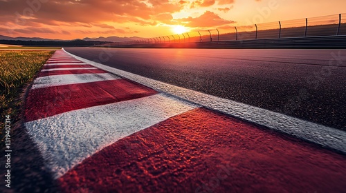 Sunset view of a race track curb with red and white stripes.