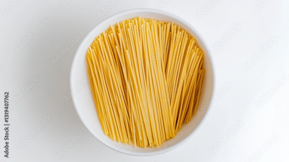 Uncooked pasta in white bowl on white background