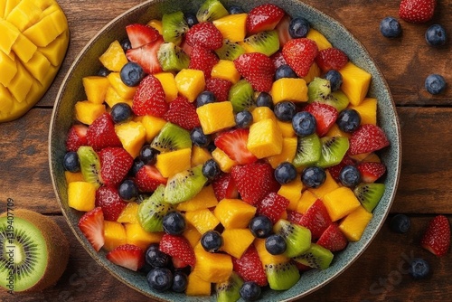 A vibrant assortment of fresh, colorful fruits arranged in a glass bowl, showcasing the beauty of nature's bounty and the deliciousness of healthy eating