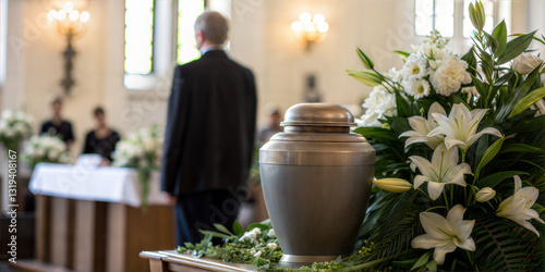 Cremation urn with white lilies at funeral service inside church symbolizing grief and remembrance