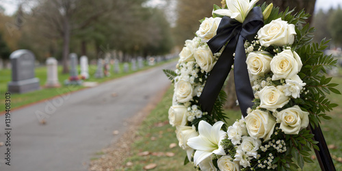 White funeral wreath with black ribbon placed on cemetery road as a symbol of mourning and tribute