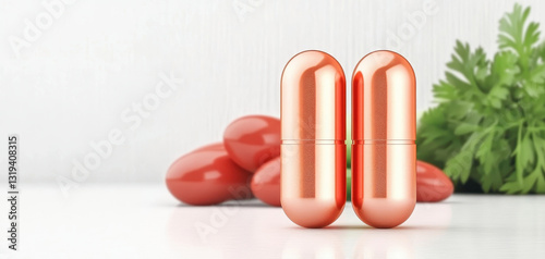 Copper capsules with red pills and fresh herbs in background