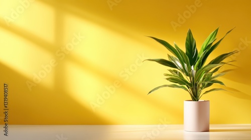 A striking potted plant positioned against a bright yellow wall, creating a vibrant contrast that symbolizes growth and positivity in a cheerful environment. photo