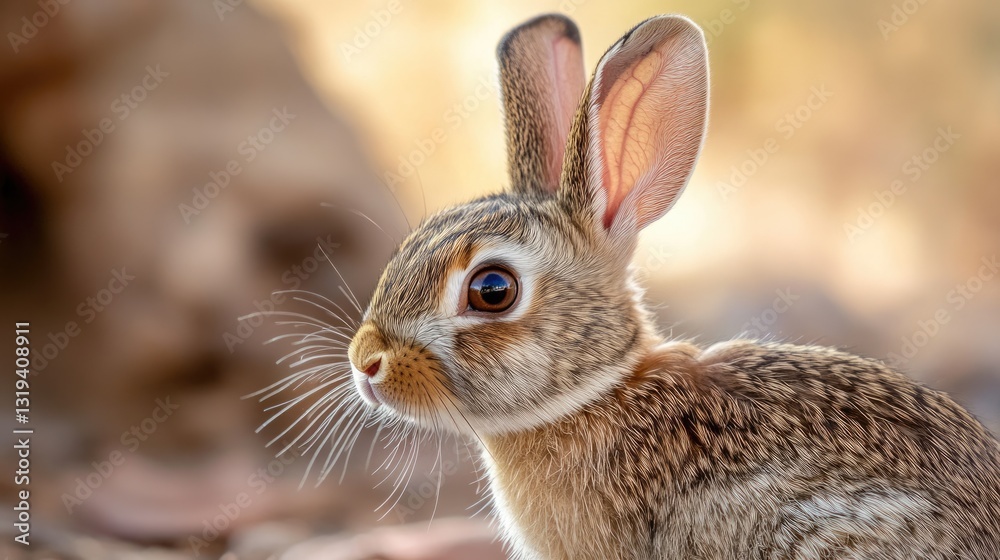 Fototapeta premium Charming Cottontail: Adorable Young Rabbit at Rio Grande Nature Center, Albuquerque, Showcasing Natural Brown Fur and Ears