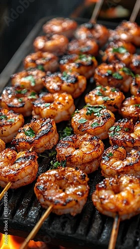 Grilled shrimp skewers sizzling on a barbecue grill with herbs