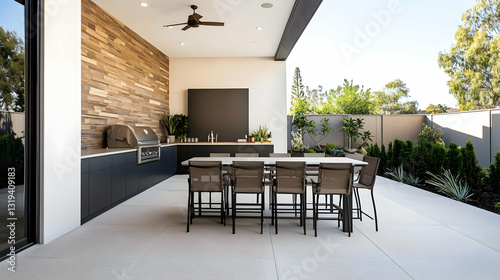 Modern Outdoor Kitchen With Dining Area Under Patio Cover In Suburban Backyard During Day With Lush Landscaping