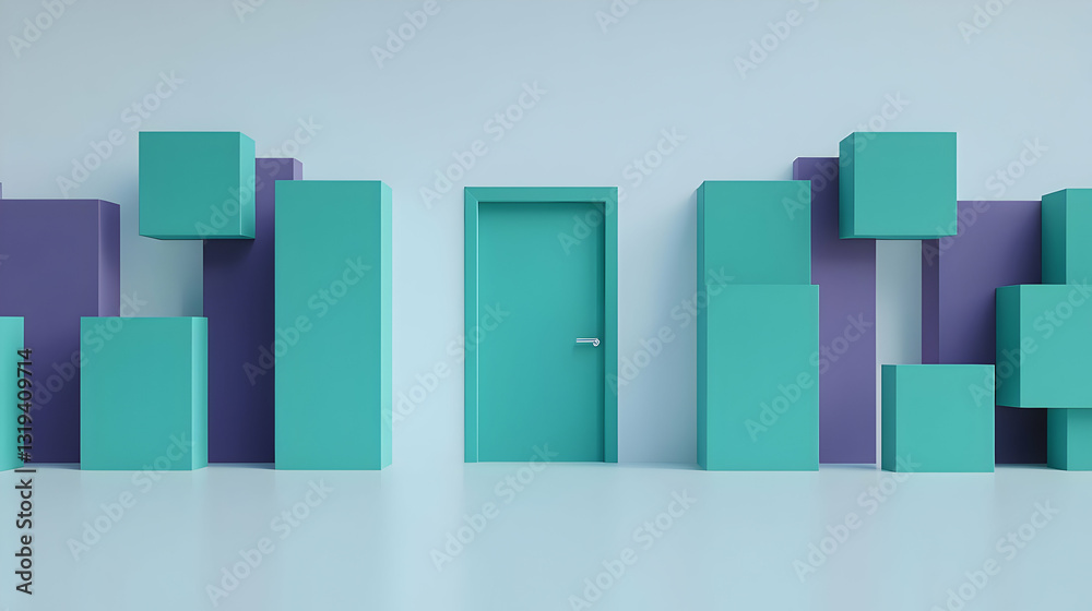 Teal Doorway Framed By Purple And Teal Geometric Shapes In A Minimalist Abstract Composition With A Clean Modern Aesthetic Teal Doorway Framed By Purple And Teal Geometric Shapes In A Minimalist Abstract Composition With A Clean Modern Aesthetic