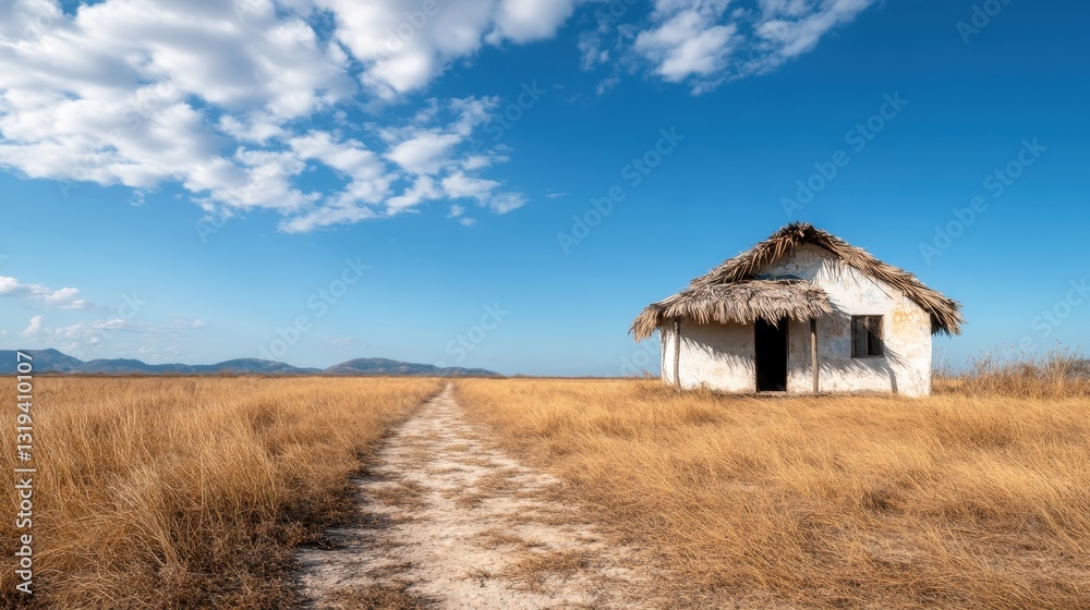 A charming home with a thatched roof set in a vast field under darkening clouds, capturing the allure of simple living and the connection to nature's elements. A charming home with a thatched roof set in a vast field under darkening clouds, capturing the allure of simple living and the connection to nature's elements.
