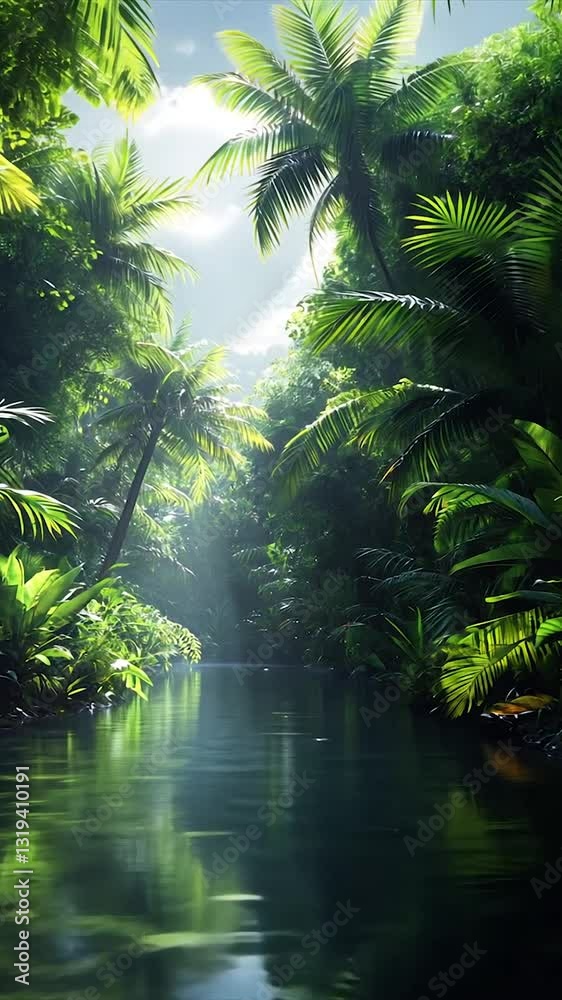 Lush Tropical Jungle with Serene Waterway and Sunlight Filtering Through Foliage Lush Tropical Jungle with Serene Waterway and Sunlight Filtering Through Foliage