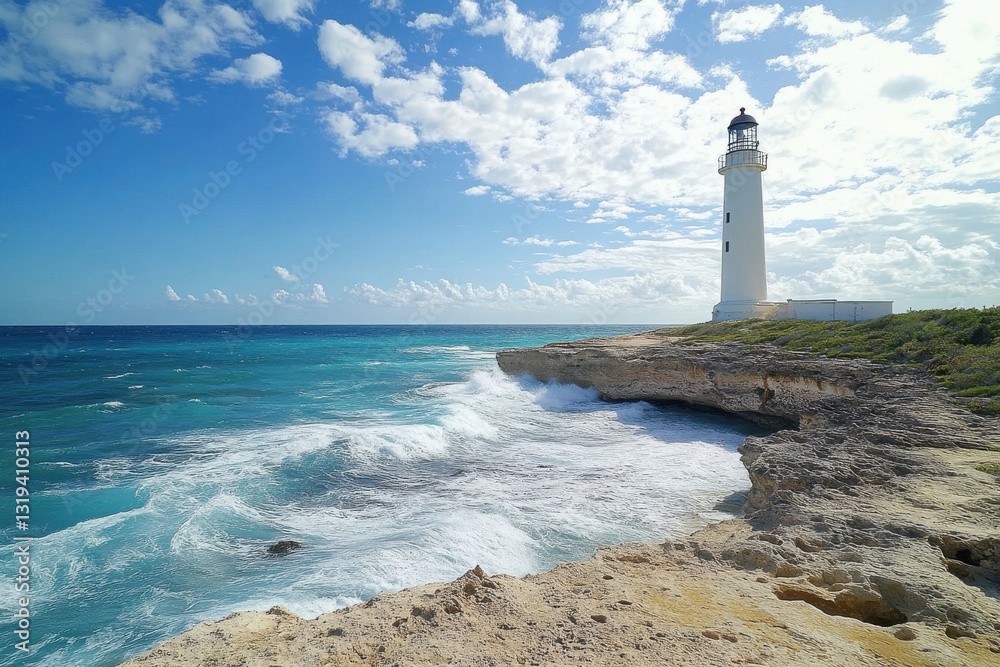Fototapeta premium Historic lighthouse on a rugged coastline, resilience