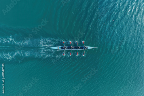 Aerial view of a rowing team in synchronization moving across turquoise water creating ripples and reflections