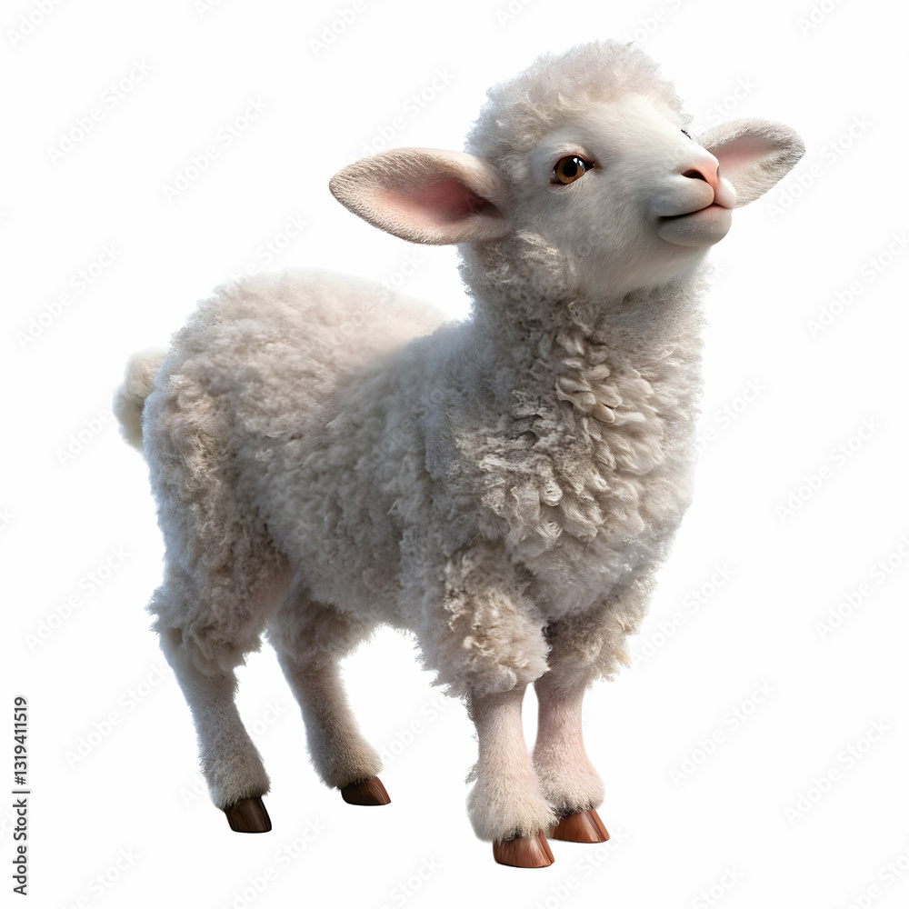 Fototapeta premium Pure Lamb: An adorable lamb with a fluffy, snow-white coat, standing and looking up with innocent eyes, perfectly captures the essence of purity and the innocence of young life.