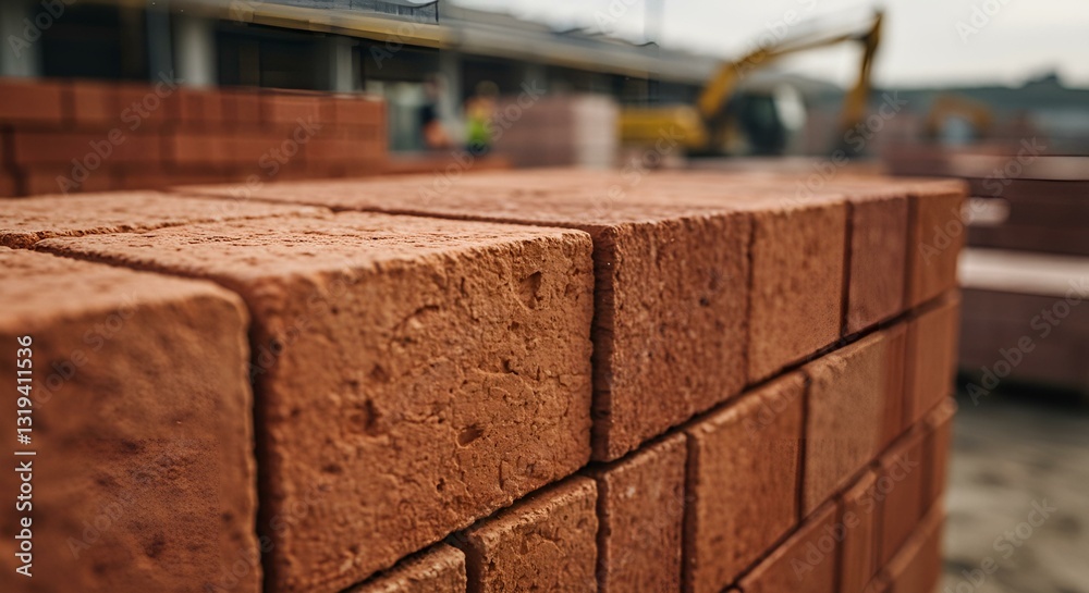 Naklejka premium A stack of high-quality red bricks with rough textures, extreme close-up