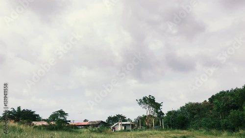 The plane descends while landing in the tropics