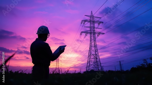 Engineer monitoring power lines at sunset, showcasing vibrant colors and industrial landscape