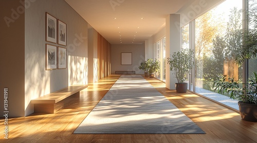Serene Modern Hallway with Natural Light and Greenery in Contemporary Interior Space