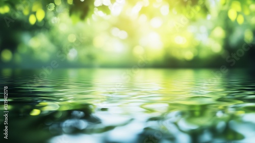 Abstract blurred background of nature with green trees and water reflection.