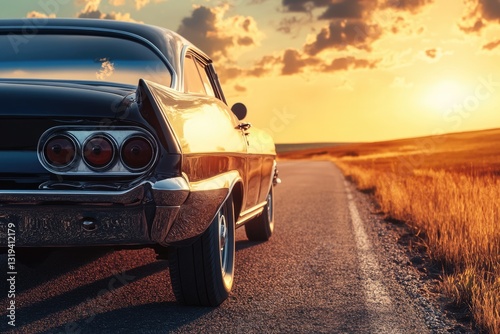 Classic Retro Muscle Car Stands Still on Countryside Road at Golden Sunset