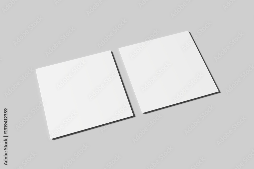 Square brochure, magazine, book or catalog mock up isolated on soft gray background. 3D illustrating. Square brochure, magazine, book or catalog mock up isolated on soft gray background. 3D illustrating.