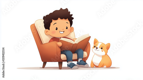 A child sitting in a cozy armchair with a pet, reading an adventure book, warm and inviting, bold cartoonish outlines, soft pastel watercolor