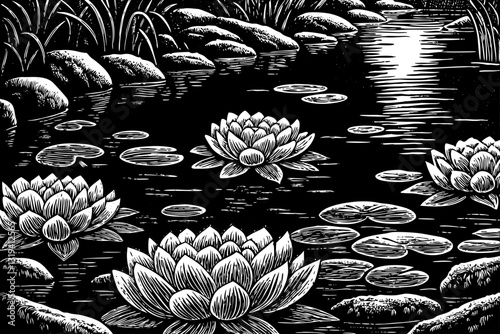 beautiful pond with flowers an stones in tropical forest black and white hand drawn sketch